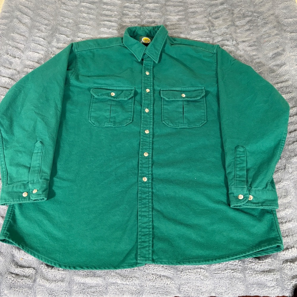 Cabelas Mens 3XL Tall Green Cotton Chamois Heavyweight Flannel Shirt Made in USA